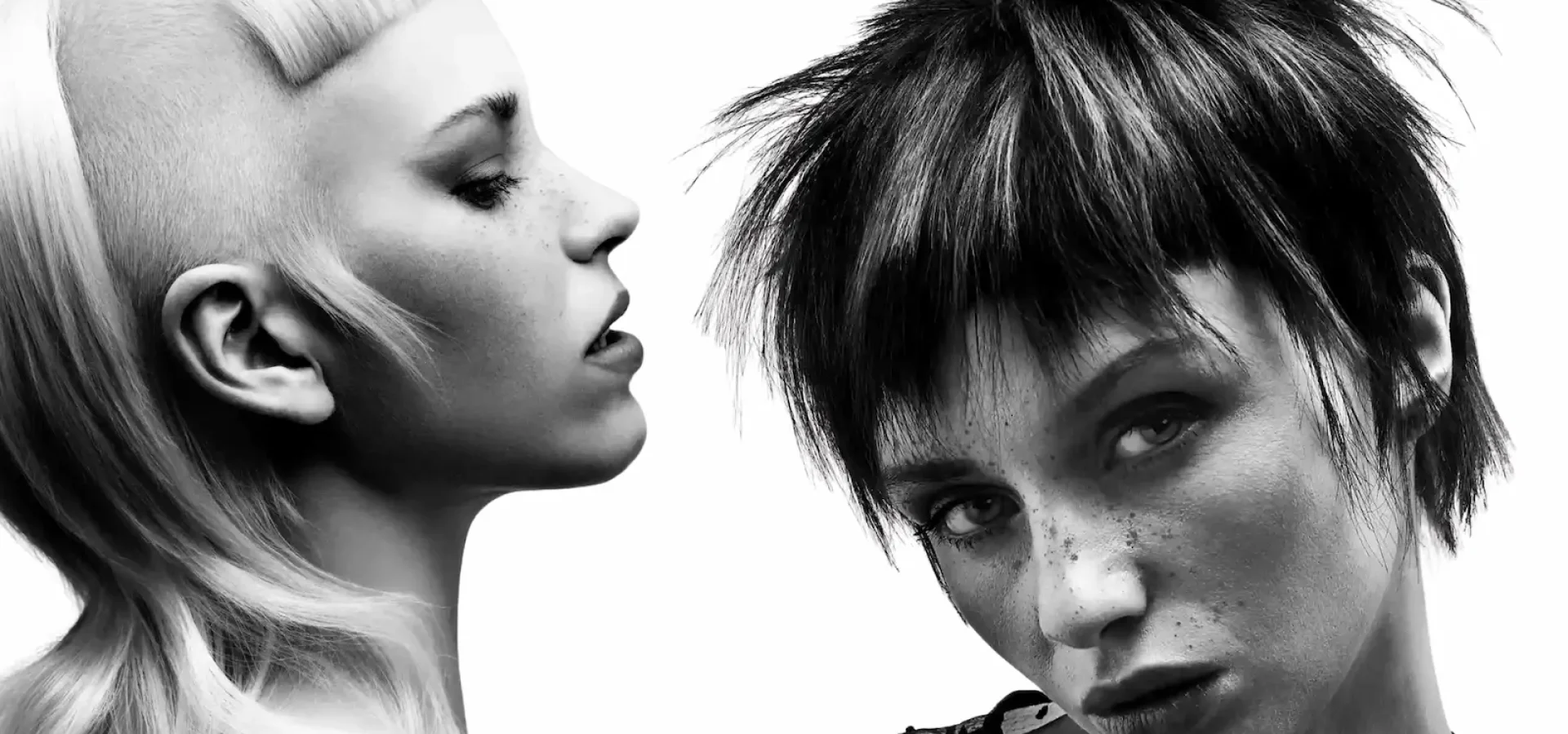 Black-and-white editorial hairstyles featuring sculpted shaved sides, textured pixie layers and bold avant-garde detailing.
