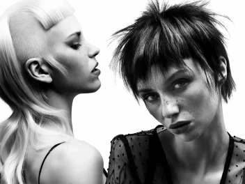 Black-and-white editorial hairstyles featuring sculpted shaved sides, textured pixie layers and bold avant-garde detailing.