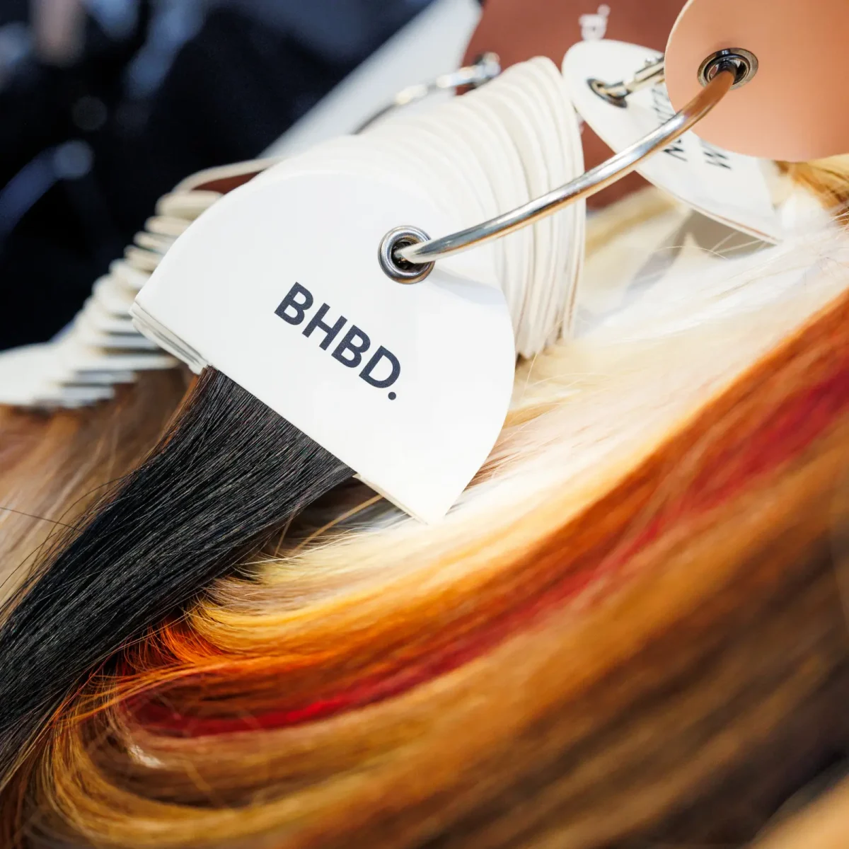 Close-up of BHBD hair extension colour swatches displayed on a salon sample ring.