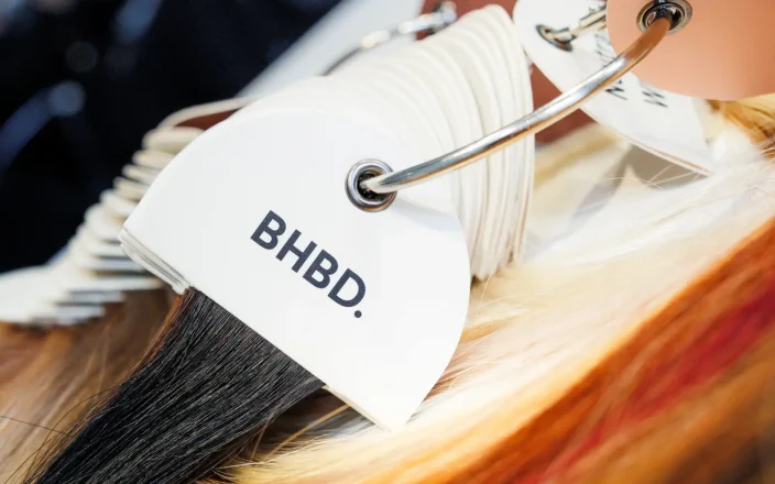 Close-up of BHBD hair extension colour swatches displayed on a salon sample ring.