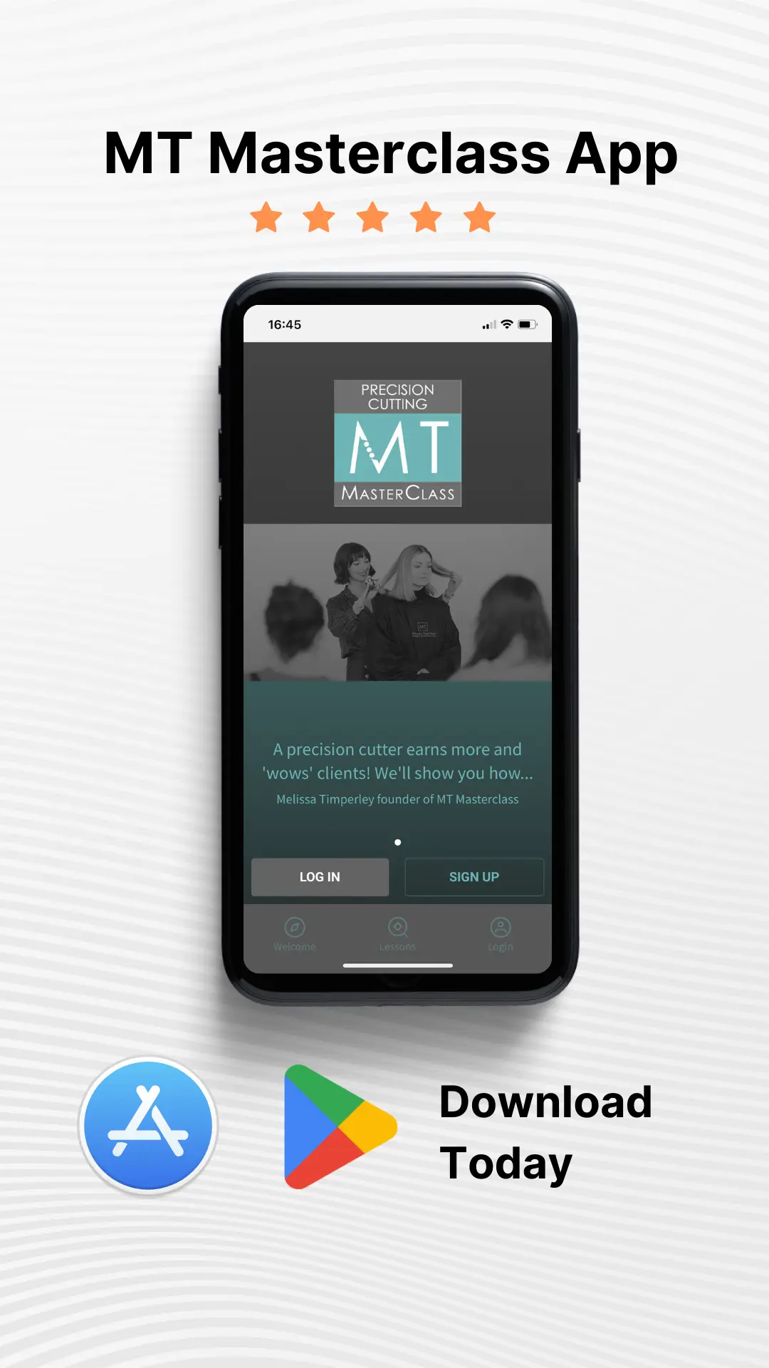MT Masterclass precision cutting app displayed on smartphone with App Store and Google Play download icons.