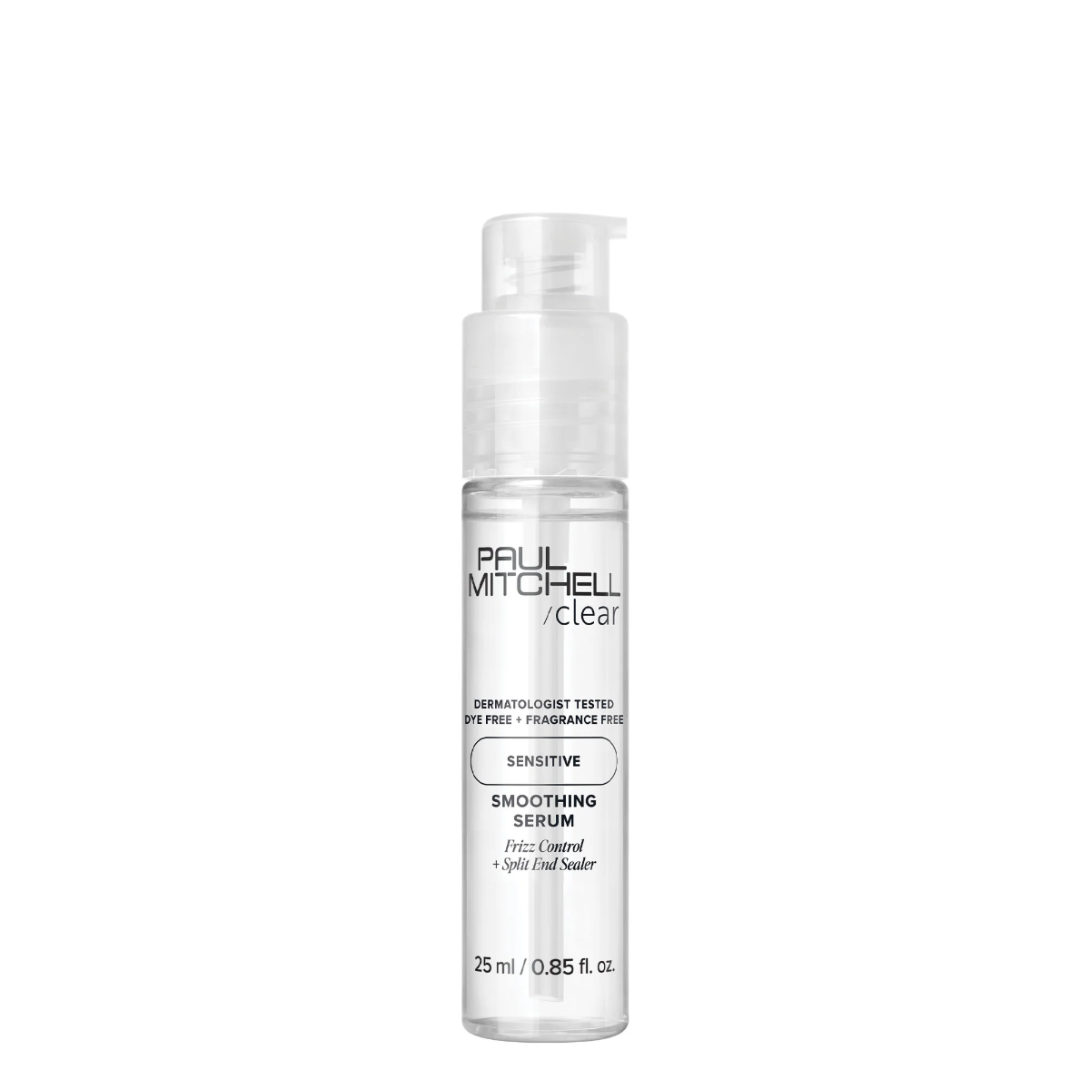Paul Mitchell Clear Smoothing Serum for sensitive scalps, fragrance-free anti-frizz serum with split end sealing benefits.