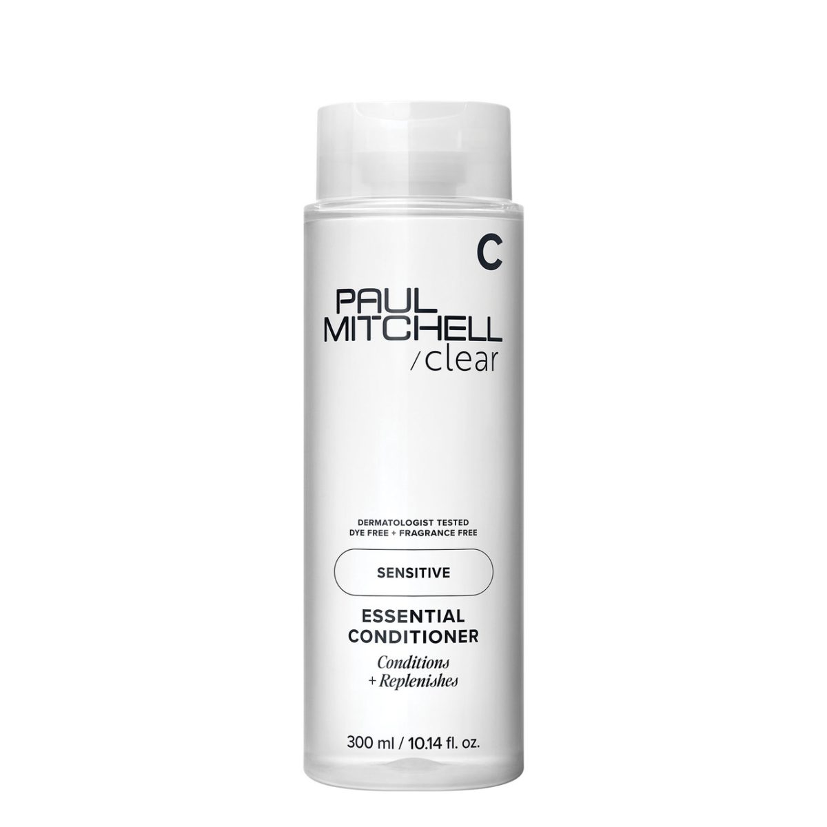 Paul Mitchell Clear Essential Conditioner for sensitive scalps, fragrance-free formula that conditions and replenishes hair.