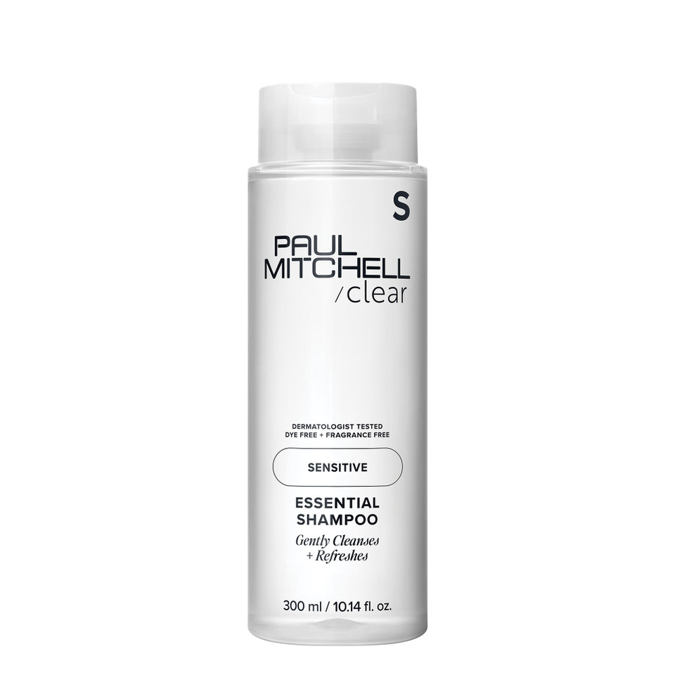 Paul Mitchell Clear Essential Shampoo for sensitive scalps, fragrance-free formula that gently cleanses and refreshes hair.