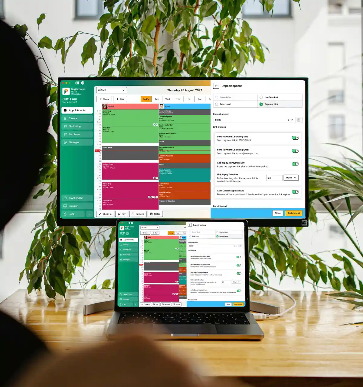 Phorest salon software dashboard displayed on desktop and laptop, showcasing appointment scheduling, payments and business management tools.