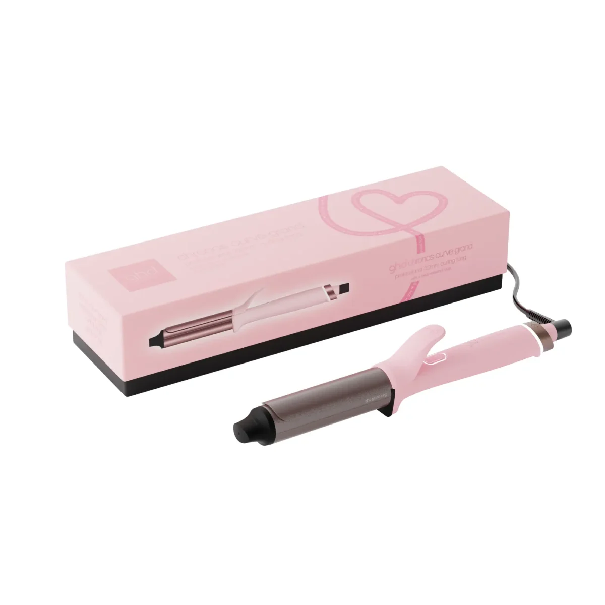GHD CURVE GRAND TONG DUSTED PINK LIMITED EDITION with heart detail and pink product box.