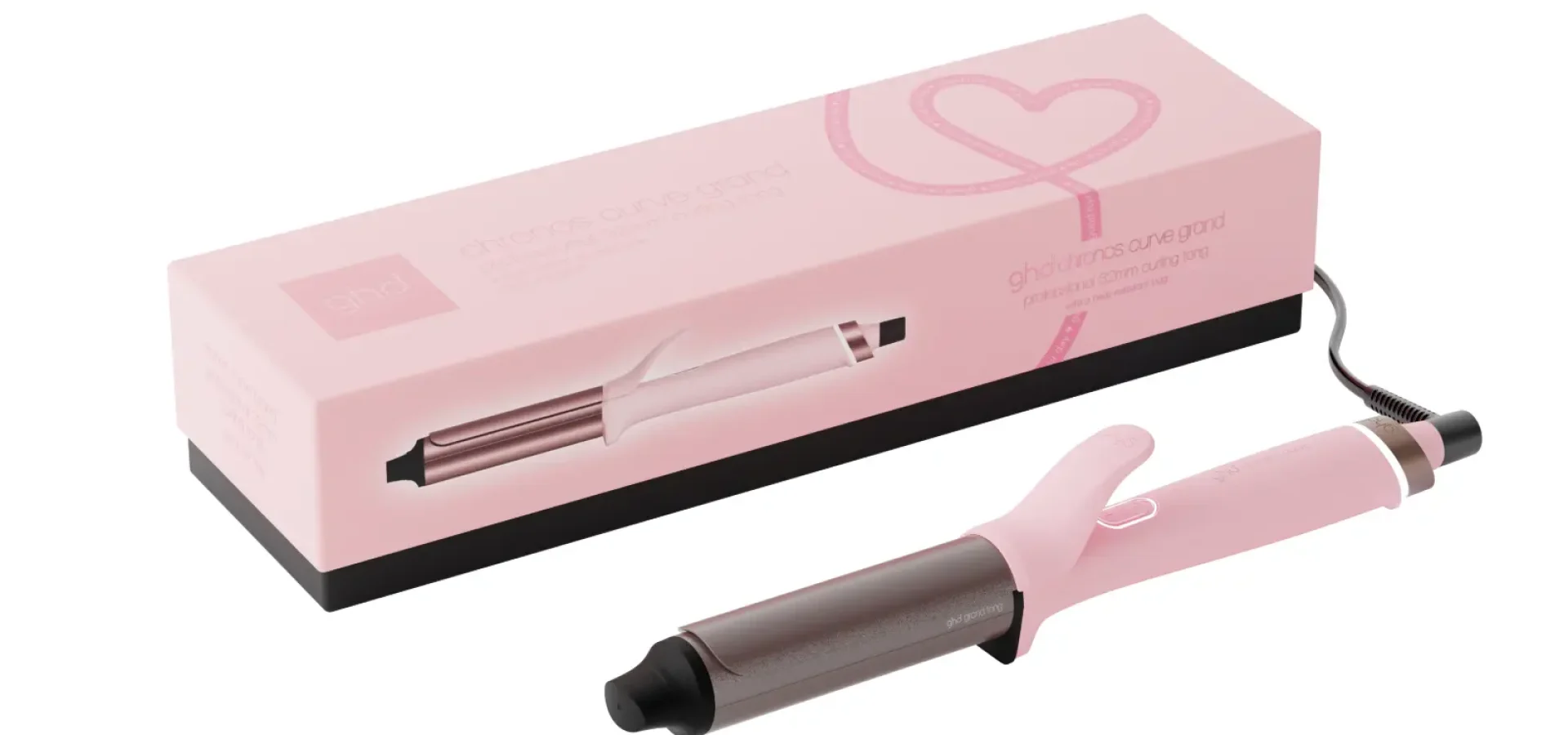 GHD CURVE GRAND TONG DUSTED PINK LIMITED EDITION with heart detail and pink product box.