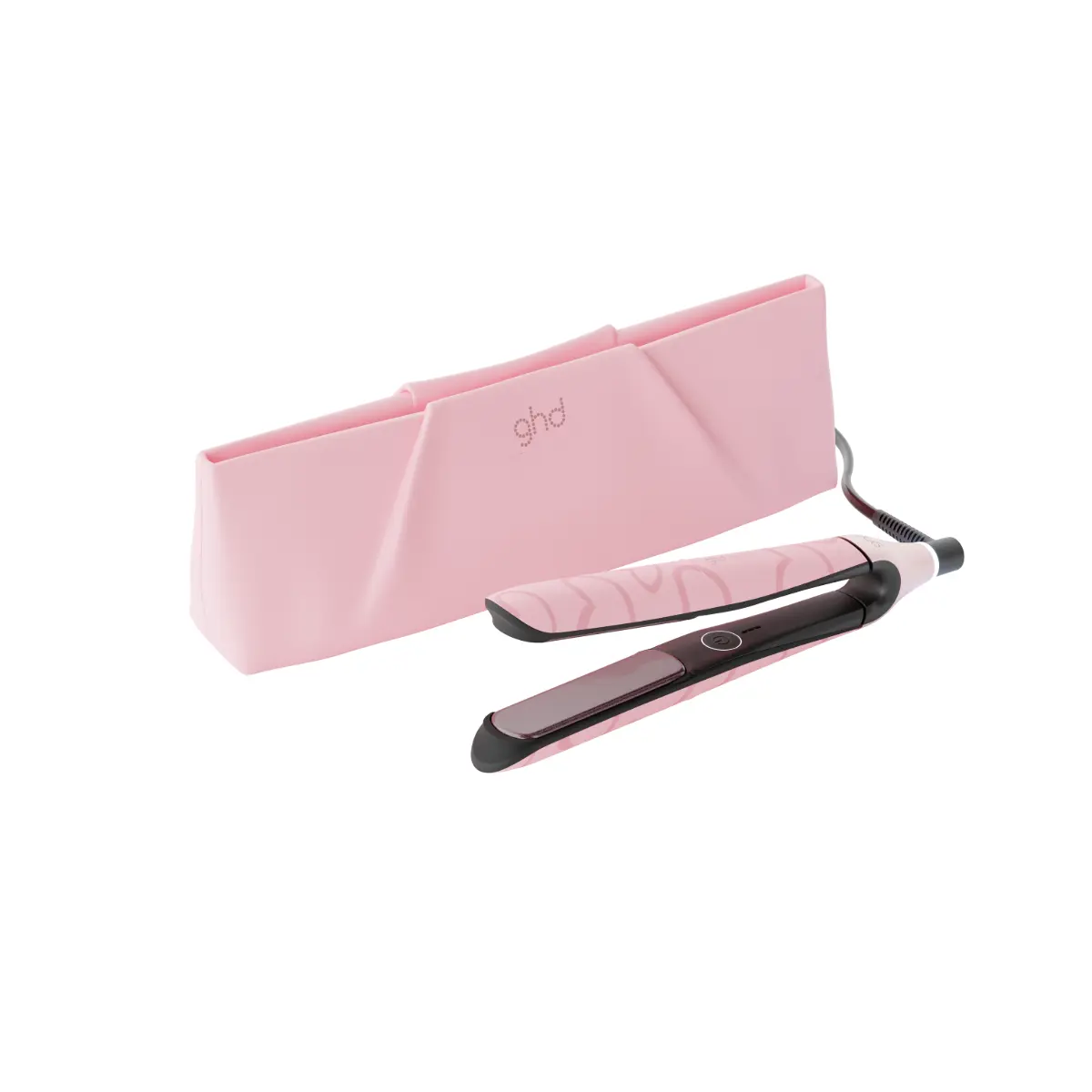 GHD CHRONOS DUSTED PINK LIMITED EDITION with heart detail and heat-resistant carry bag.