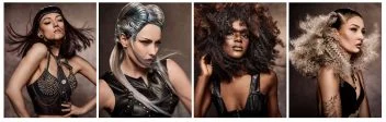 Avant-garde editorial hair collection showcasing four bold hairstyles with precision cuts, creative colour, curls and textured fashion styling.