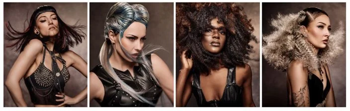 Avant-garde editorial hair collection showcasing four bold hairstyles with precision cuts, creative colour, curls and textured fashion styling.