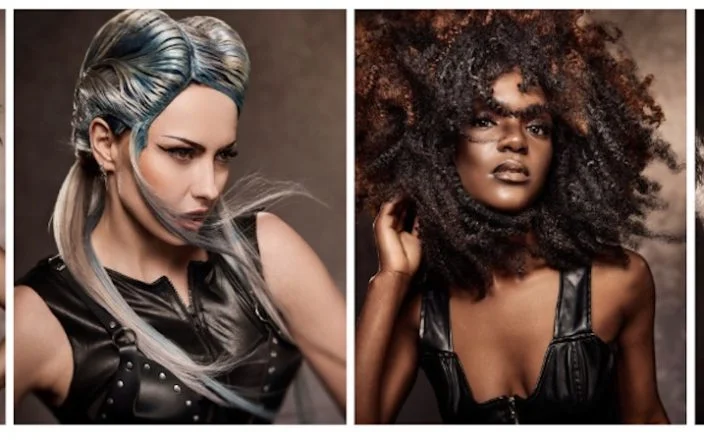Avant-garde editorial hair collection showcasing four bold hairstyles with precision cuts, creative colour, curls and textured fashion styling.