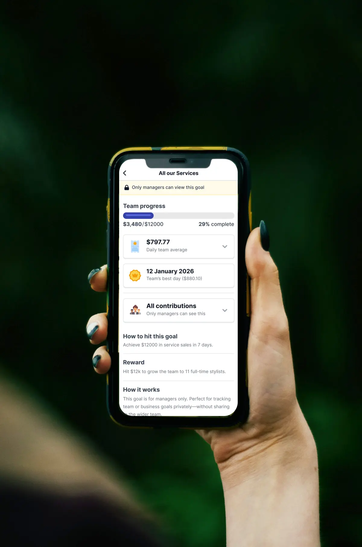 Smartphone displaying salon team goals and performance tracking dashboard, helping managers monitor targets, sales and business growth.