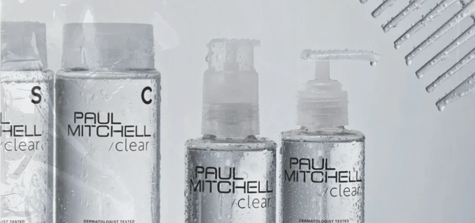 Paul Mitchell Clear sensitive haircare range including conditioner, smoothing serum and styling glaze for scalp care.