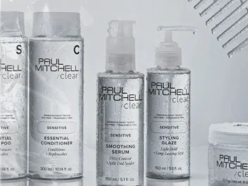 Paul Mitchell Clear sensitive haircare range including conditioner, smoothing serum and styling glaze for scalp care.