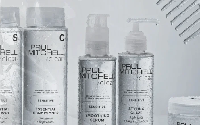 Paul Mitchell Clear sensitive haircare range including conditioner, smoothing serum and styling glaze for scalp care.