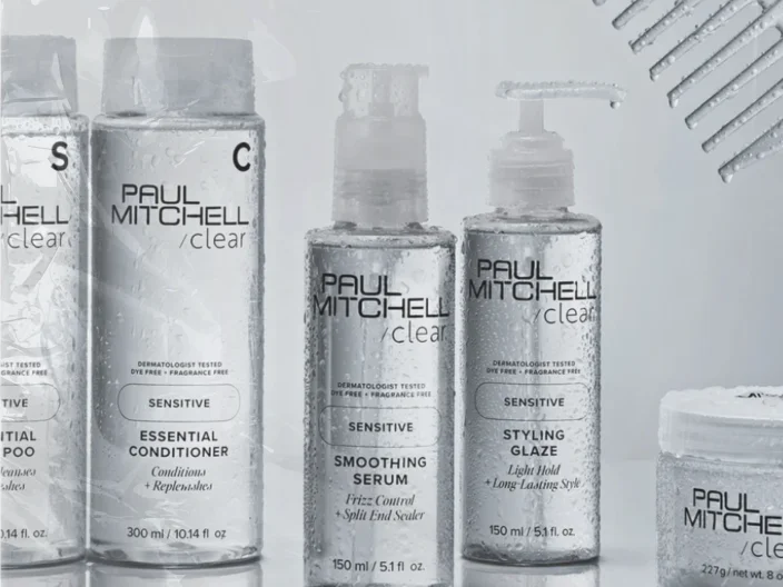 Paul Mitchell Clear sensitive haircare range including conditioner, smoothing serum and styling glaze for scalp care.
