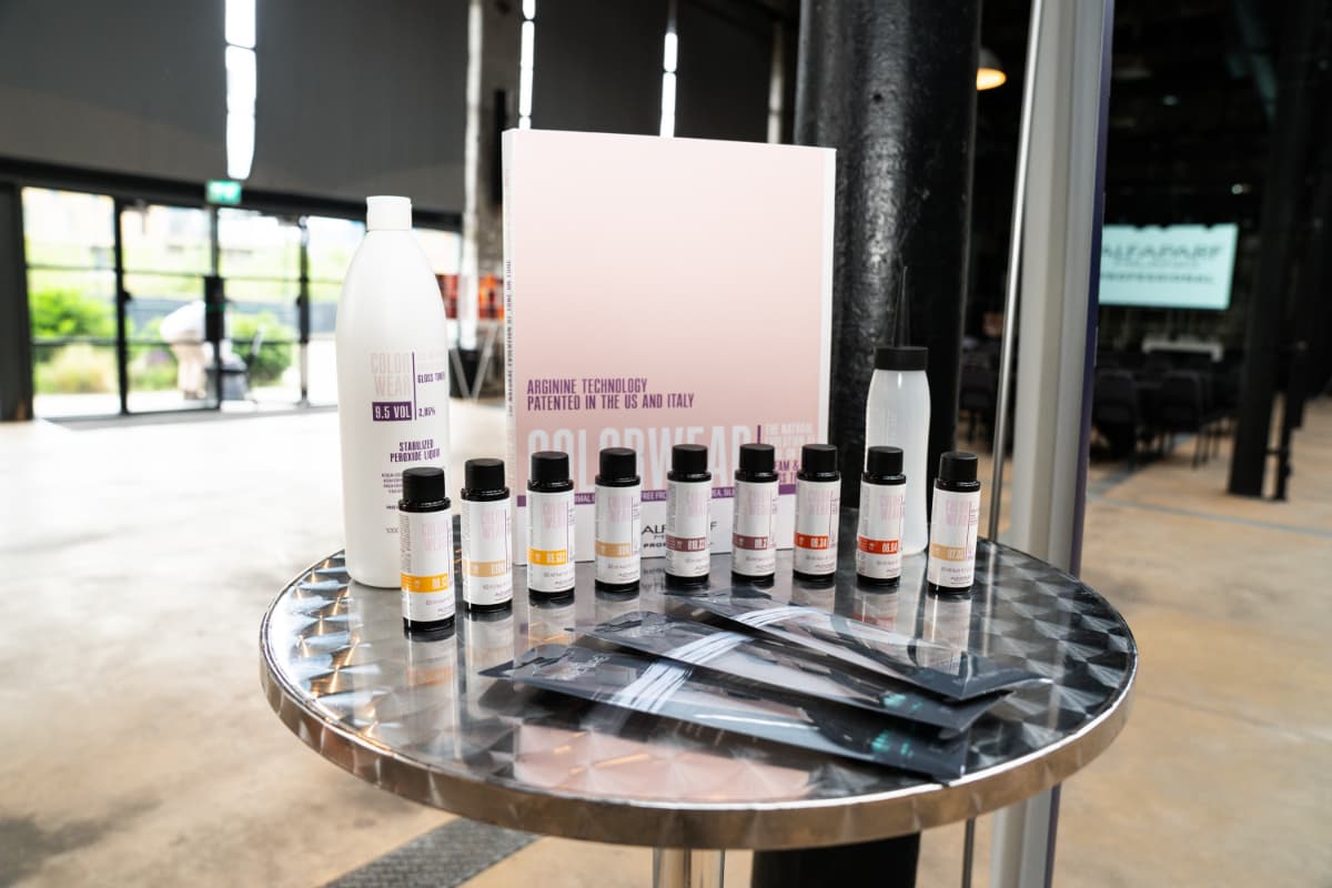 ALFAPARF Milano Professional BLONDERA System Pro blonding products displayed at Jamie Benny's Newcastle education event.