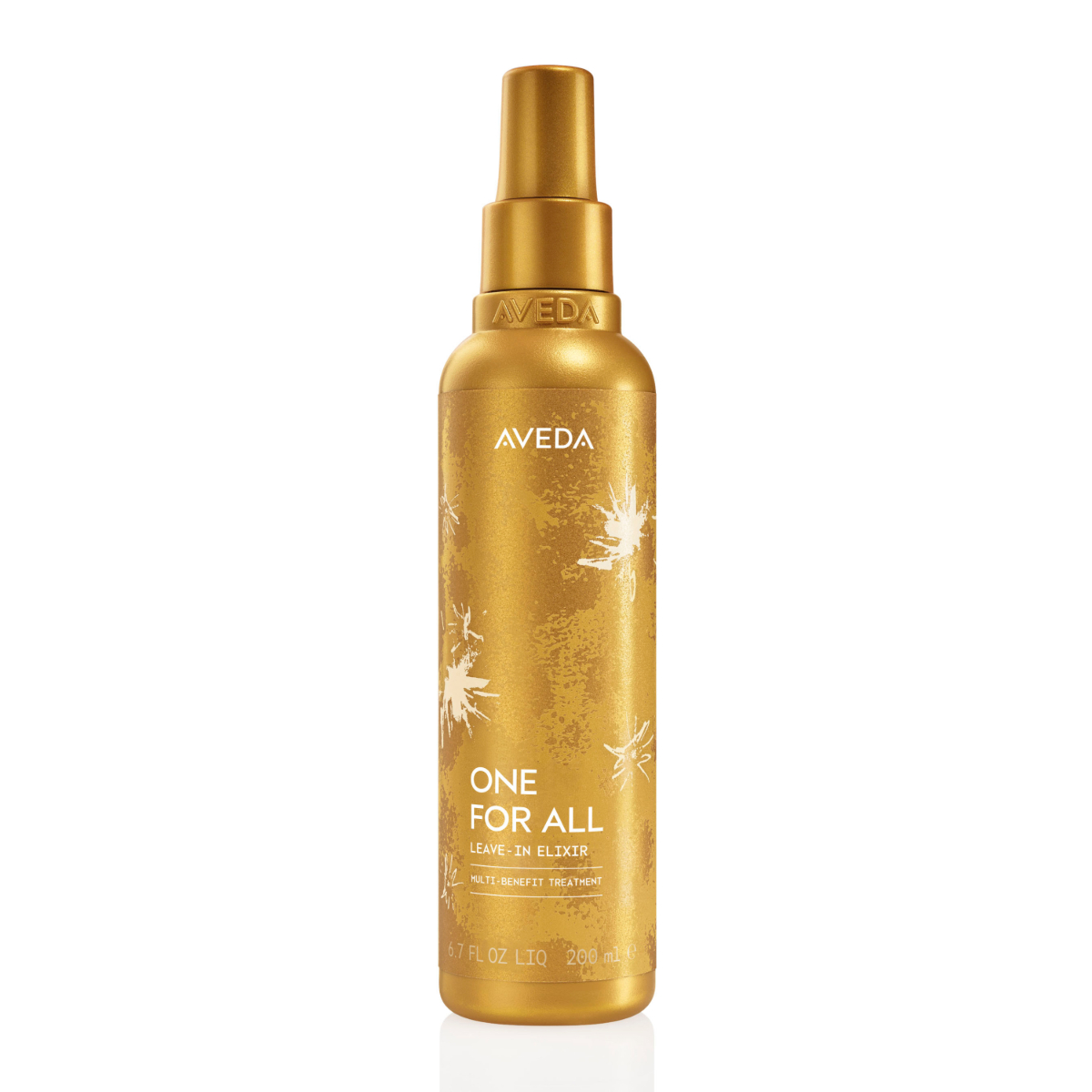 A bottle of Aveda One for All Leave-in Elixir with its golden packaging against a white backdrop.