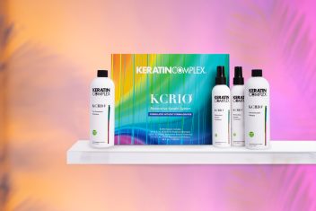 Keratin Complex products sit on a shelf by product packaging.