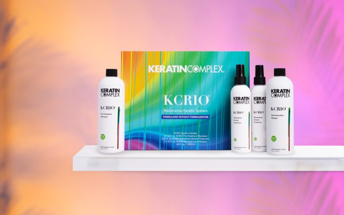 Keratin Complex products sit on a shelf by product packaging.