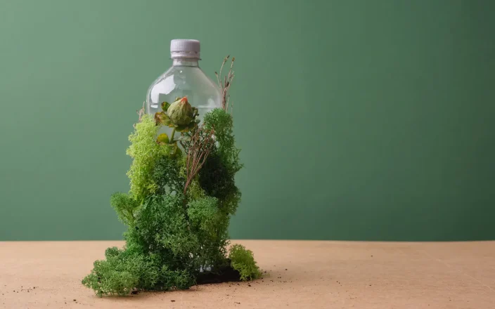 A plastic bottle being reclaimed by nature as it's covered with moss.