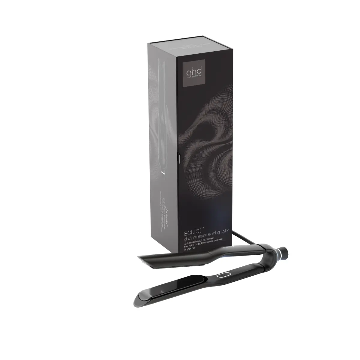 Black ghd Sculpt AI-powered professional styler with retail packaging, featuring Heat-Adapt Technology.