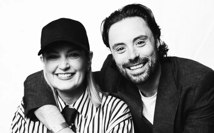 A black and white photo of Steph Gallagher and James .Parr