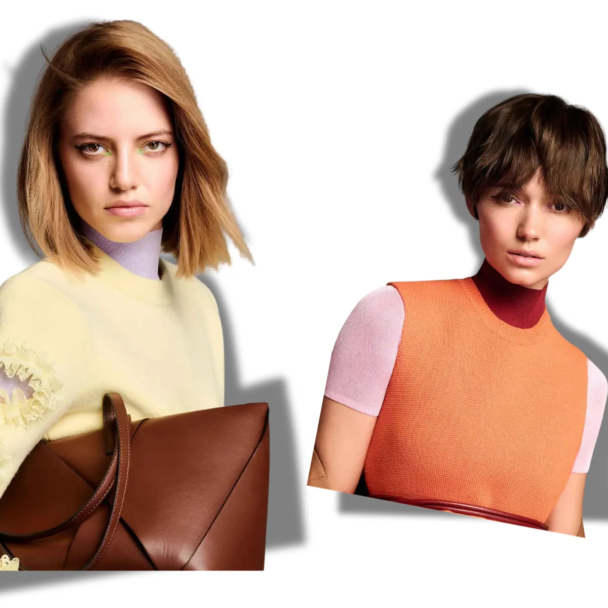 Two models showcasing the TONI&GUY 2026 colour collection with a glossy brunette bob and a textured brunette pixie cut.