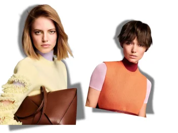 Two models showcasing the TONI&GUY 2026 colour collection with a glossy brunette bob and a textured brunette pixie cut.