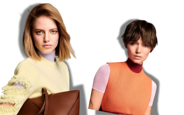 Two models showcasing the TONI&GUY 2026 colour collection with a glossy brunette bob and a textured brunette pixie cut.