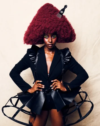 Model with sculptural burgundy Afro hairstyle from Project Afro 2026's The Crown: A Journey Through Texture collection.