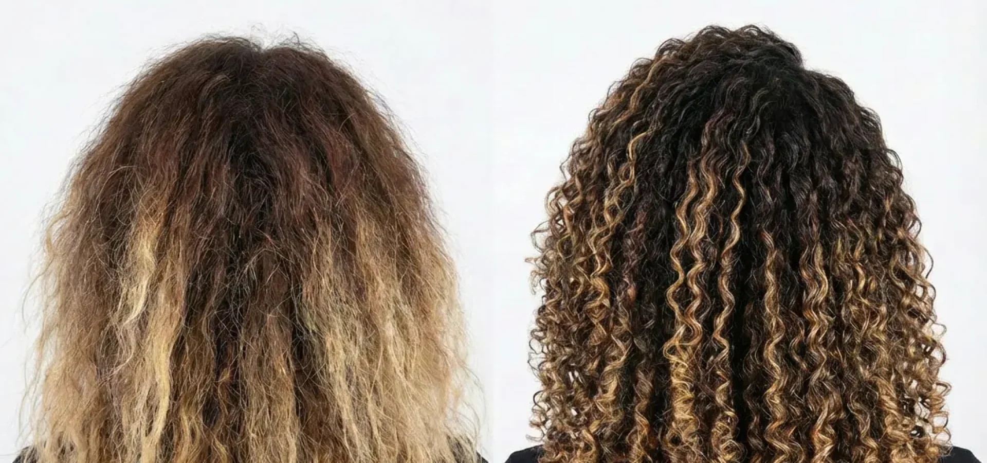 Model's frizzy to curly hair before and after HAIRTOXX treatment.