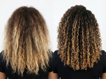 Model's frizzy to curly hair before and after HAIRTOXX treatment.