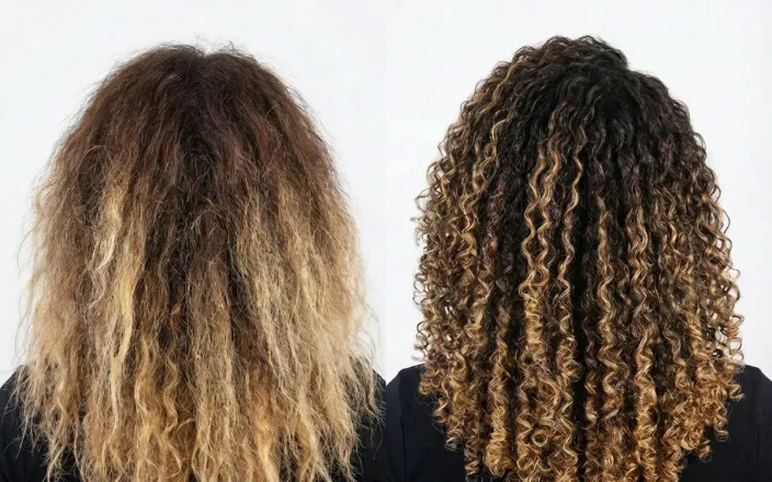 Model's frizzy to curly hair before and after HAIRTOXX treatment.