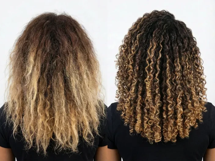 Model's frizzy to curly hair before and after HAIRTOXX treatment.