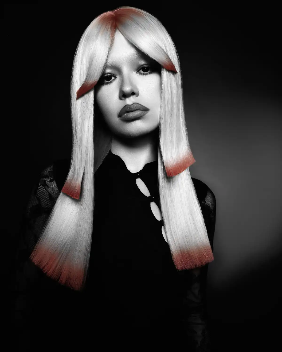 Long sleek platinum hair with sculpted fringe and red accents from Niall McNulty's Accent Collection, celebrating shape, contrast and simplicity.