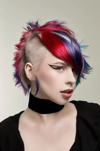 Vibrant gothic plum mullet with shaved sides and vivid red, violet and blue tones from Roar Hair & Beauty's AW26 trends.