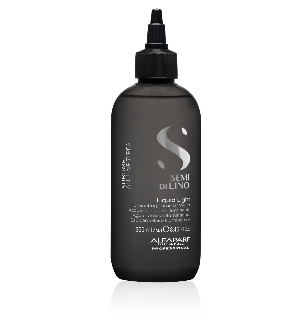 Bottle of ALFAPARF Milano Professional Semi di Lino Liquid Light in its black branded bottle on a white background.
