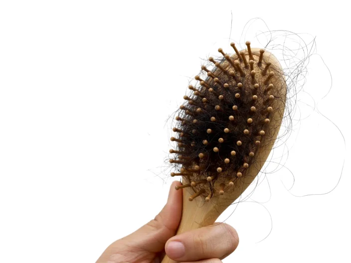 A hairbrush covered in hair in its bristles.