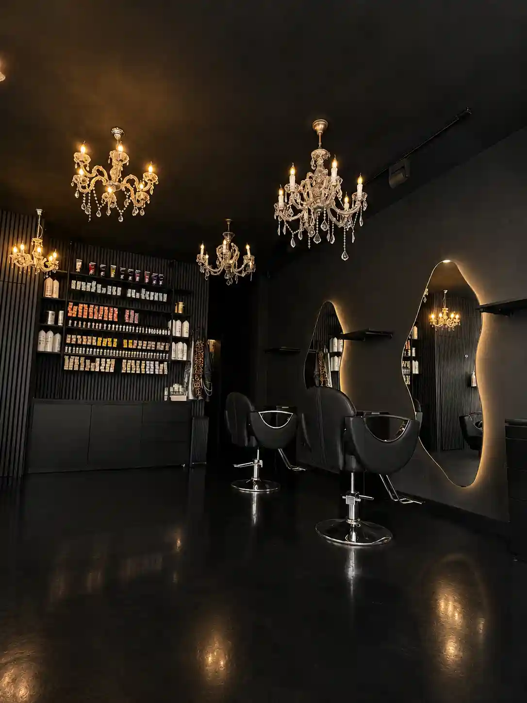Dark interiors of Larisa Love's new Amsterdam salon.