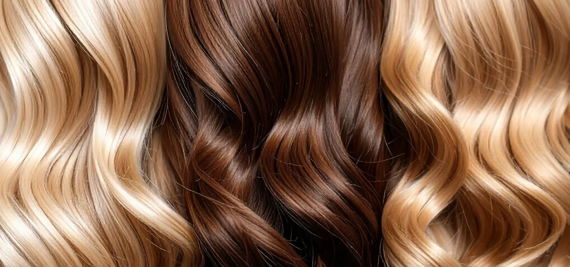 Row of hair extensions in blonde, brunette, and honey blonde.