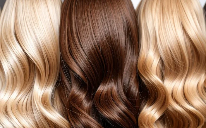 Row of hair extensions in blonde, brunette, and honey blonde.