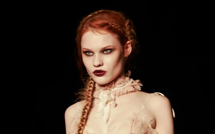 Model with very long ginger braid at LFW DREAMING ELI SS27.