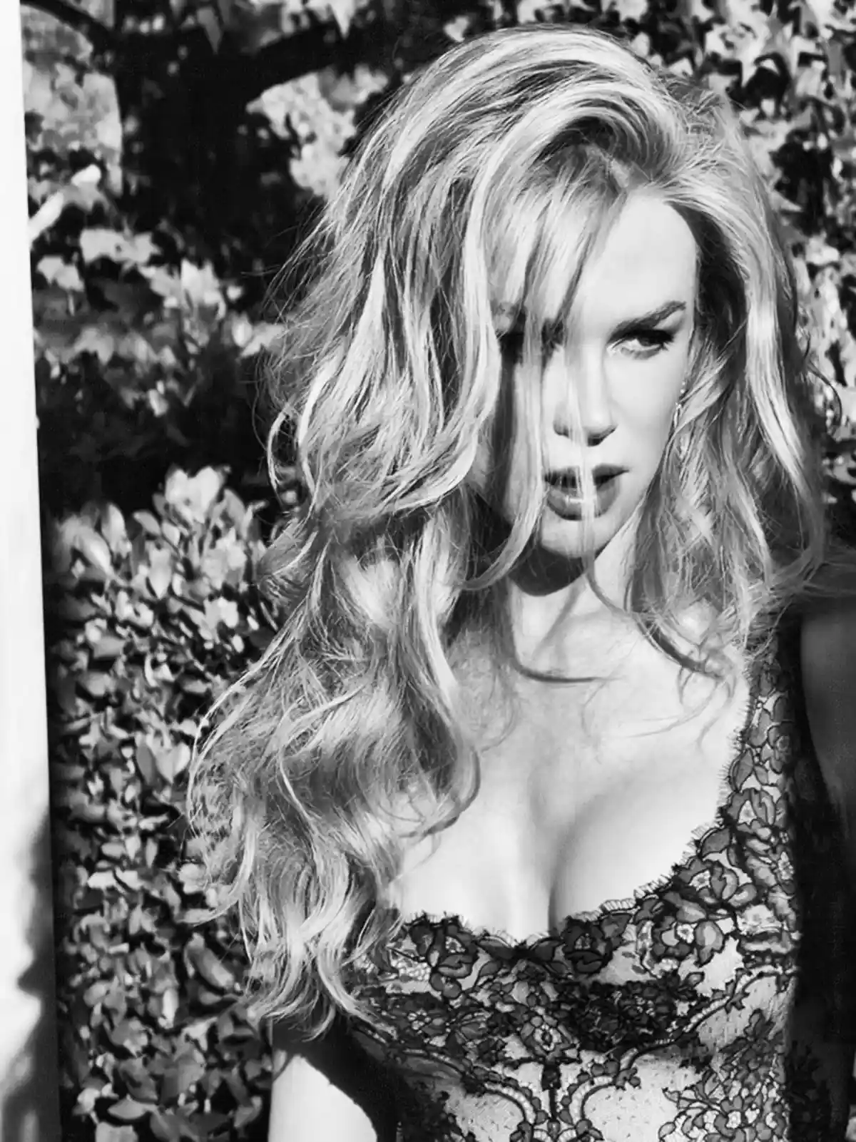 Black and white close-up of Nicole Kidman.