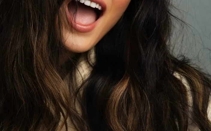 Model with brunette hair highlighting winter hair care.