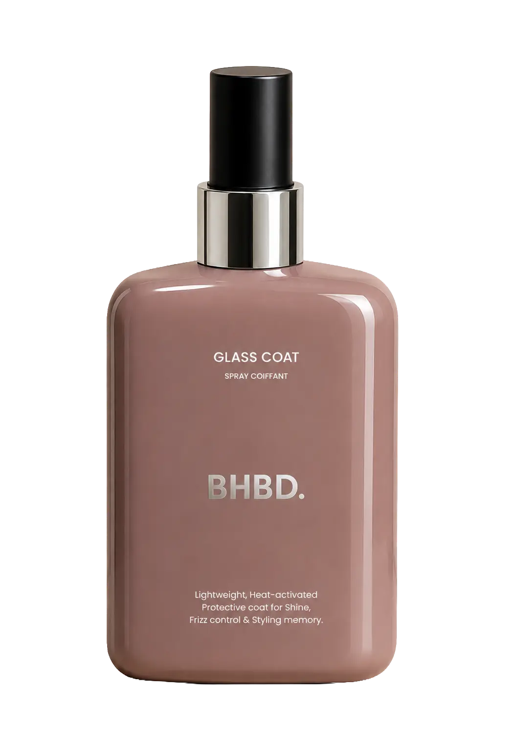 Glass bottle of Glass Coat and its brown liquid on a white background.