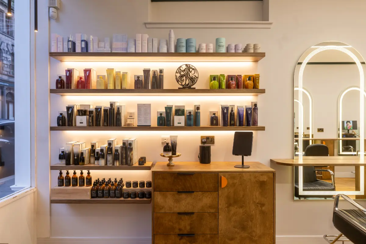 Products on shelves inside KIKU Salon