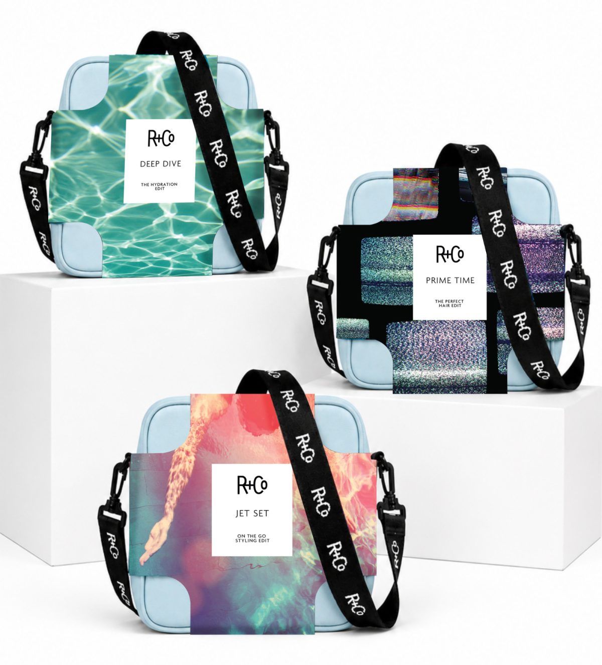 Three R+Co holiday gift sets; crossbody bags with product inside.