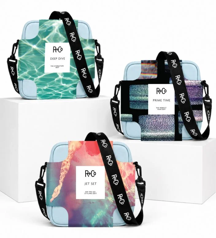 Three R+Co holiday gift sets; crossbody bags with product inside.