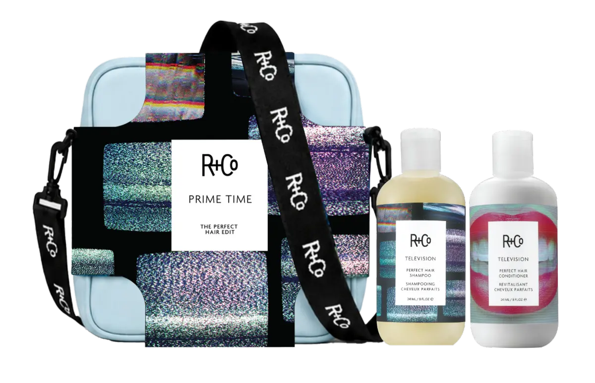 Bottle of Television Perfect Hair Shampoo and Television Perfect Hair Conditioner next to a gift bag.
